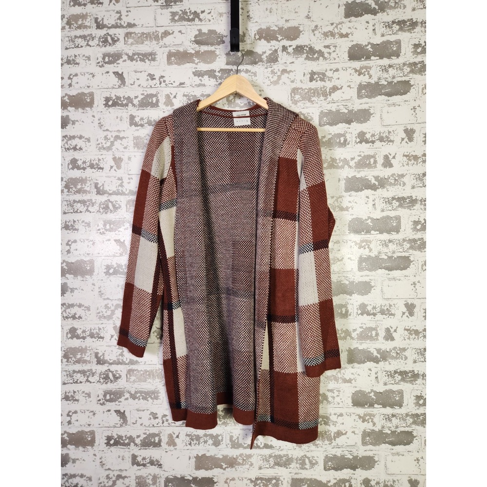Plaid Colorblock Hooded‎ Cardigan Size XL Brown Rust Boho Cozy Autumn Vibes